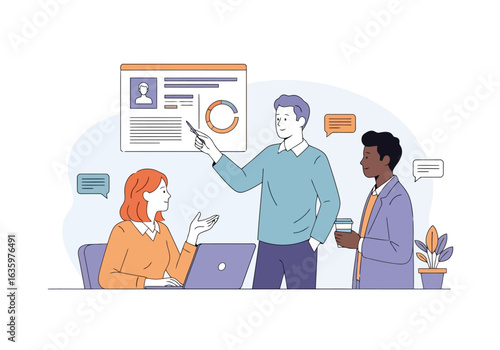 Vector art of business team collaborating on a presentation with charts and data analysis in a modern office setting, discussing strategy and planning for project success