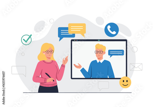 Vector art of business meeting and online communication with video conference and chat bubbles, concept of teamwork and collaboration