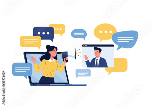 Vector art of online business promotion and communication with a woman using a megaphone on a laptop screen during a video conference, spreading information
