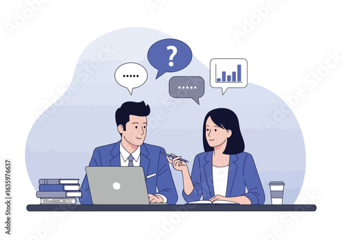 Vector art of business people collaborating and discussing ideas during a meeting with a laptop and data charts, representing teamwork and analysis