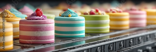 Colorful striped cakes displayed in a bakery showcasing delightful desserts and sweets