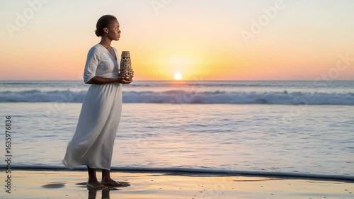 Serene woman in white dress holding a vessel on a tranquil beach at sunset, gazing at the ocean horizon.