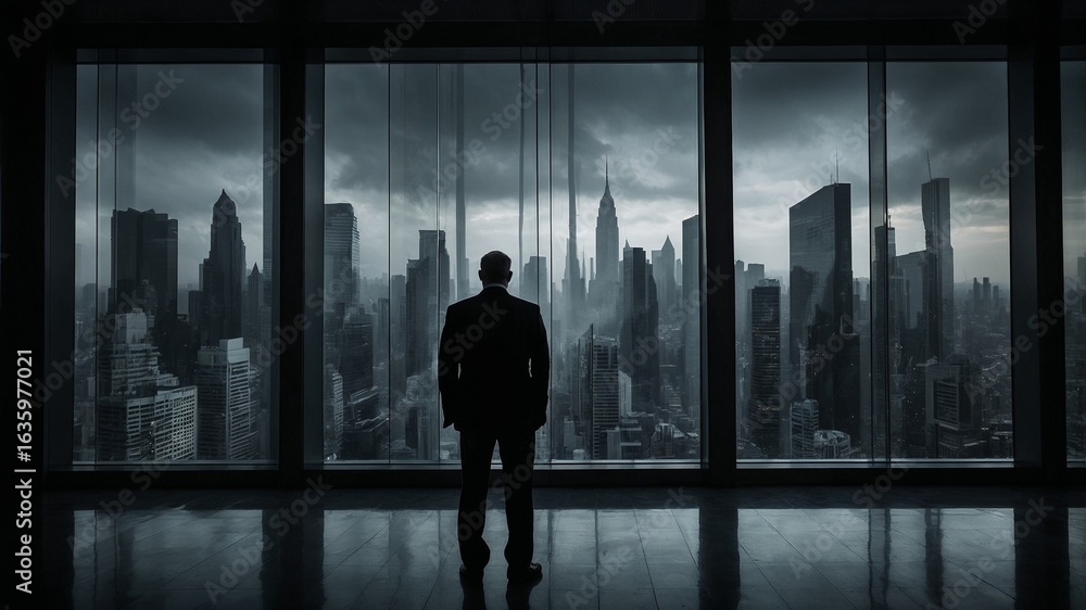 Fototapeta premium Businessman looking out of an office window at a stormy city skyline