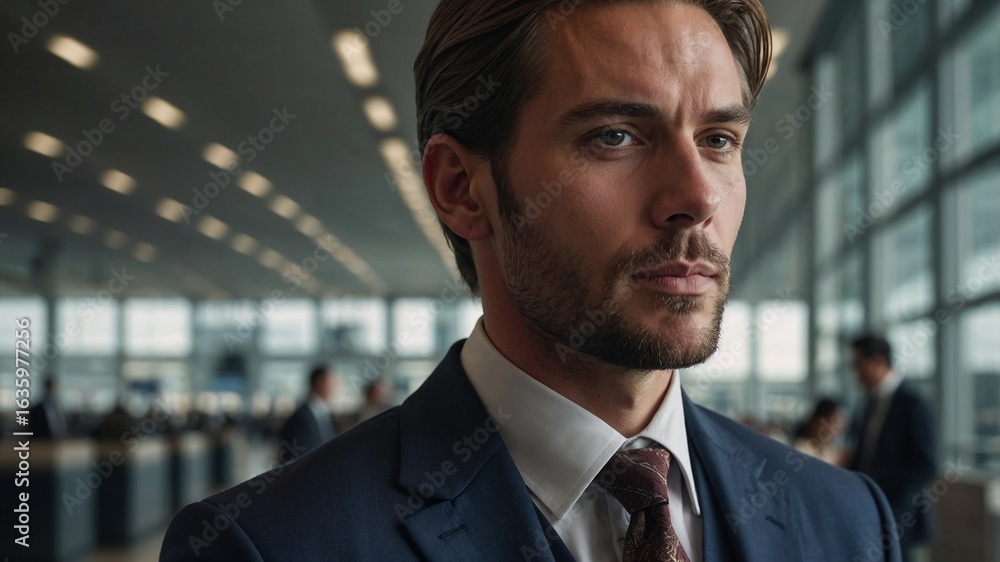 Fototapeta premium Corporate Confidence: A distinguished professional exudes unwavering resolve in a modern office environment, radiating both ambition and assuredness.