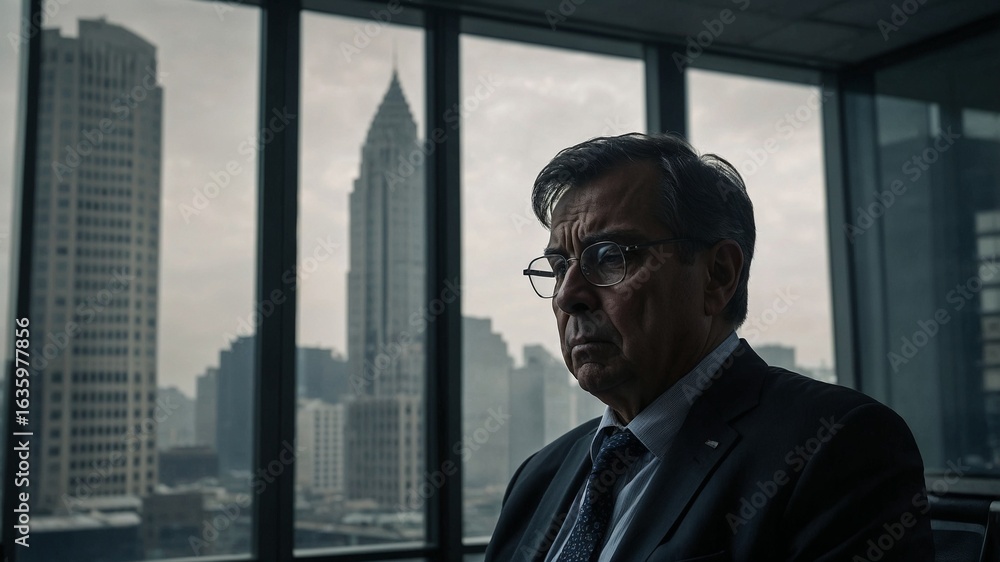 Fototapeta premium Silhouette of a businessman looking out of an office window at a city skyline