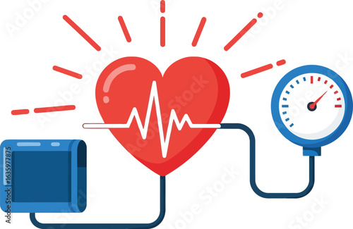 Vector illustration flat vector art of heart health monitoring with blood pressure measurement isolated on white background