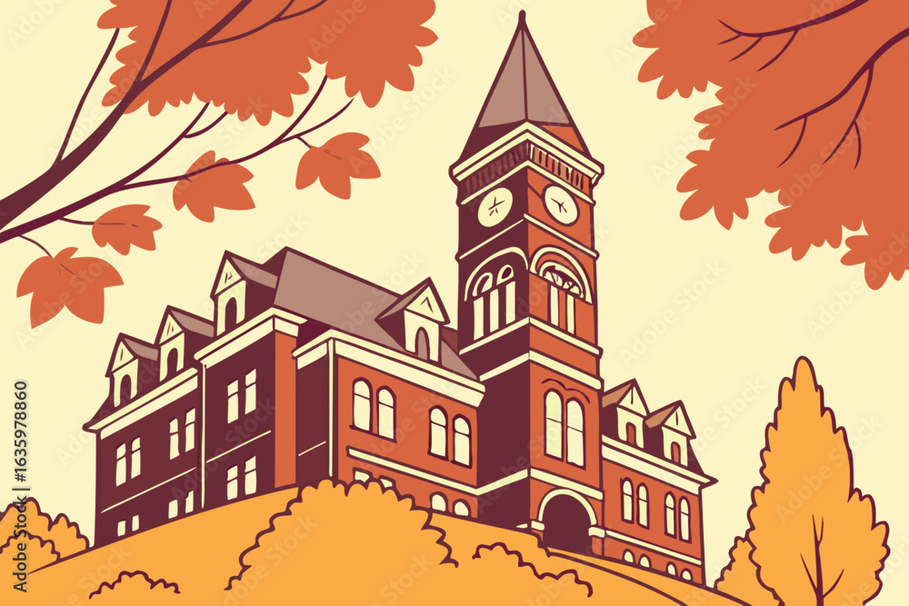 Naklejka premium Auburn University's Samford Hall with its historic clocktower surrounded by fall leaves.
