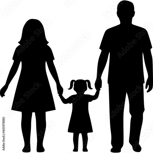 Family Silhouette's Bond: Depicting the bond of family through a classic black silhouette. Two parents are holding hands with the small child