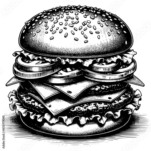 Delicious Burger: An artistic and meticulously detailed illustration of a mouthwatering burger, showcasing the classic layers and textures of this culinary masterpiece.