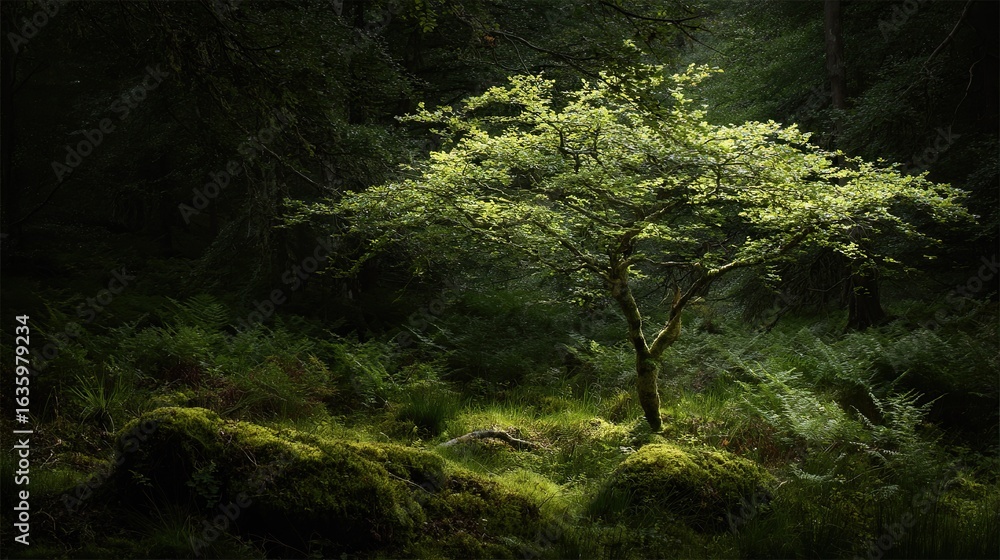 Obraz premium A solitary tree stands tall in the darkness of an ancient forest, creating a mysterious and serene atmosphere that showcases the beauty and mystery of nature.