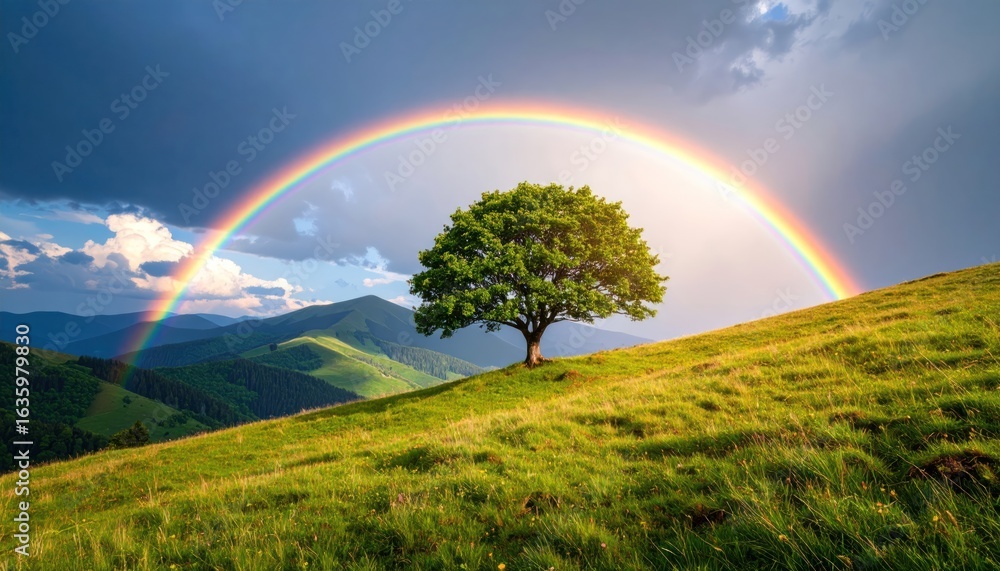 Naklejka premium Rainbow over a lone tree on a hillside landscape.