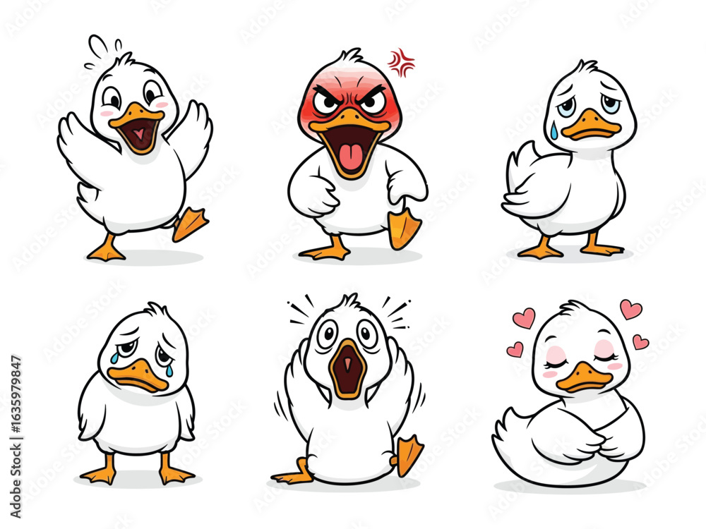 Fototapeta premium Emotional Duckling Expression: A delightful display of illustrated ducklings, each portraying a unique emotion, from joy and anger to sadness and surprise, set against a clean backdrop.