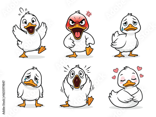 Emotional Duckling Expression: A delightful display of illustrated ducklings, each portraying a unique emotion, from joy and anger to sadness and surprise, set against a clean backdrop.