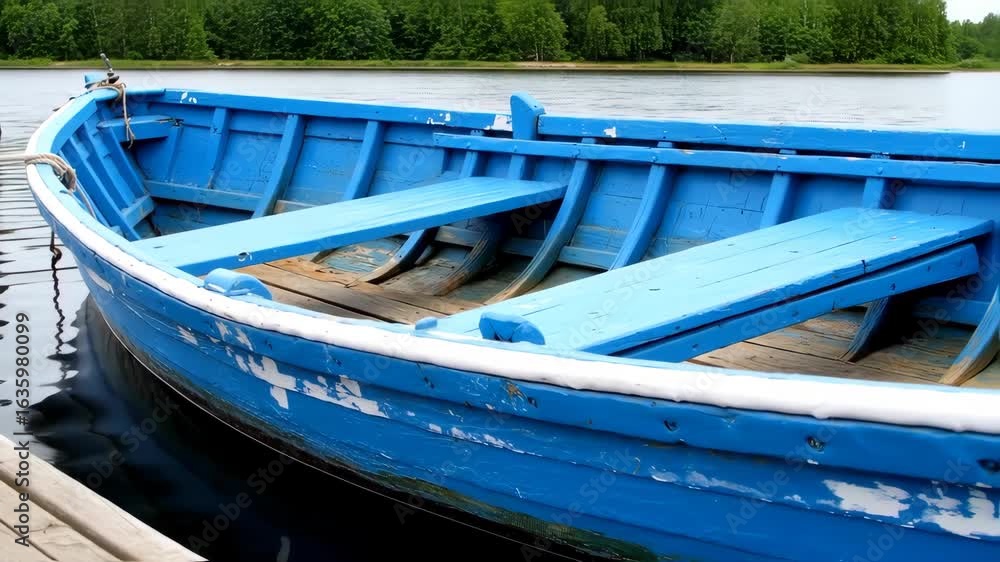 custom made wallpaper toronto digitalA weathered, vibrant blue wooden boat rests at a lakeside dock