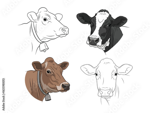 Diverse Cow Portraits: A collection of cow illustrations, showcasing a variety of breeds and artistic styles, perfect for agricultural and design projects.