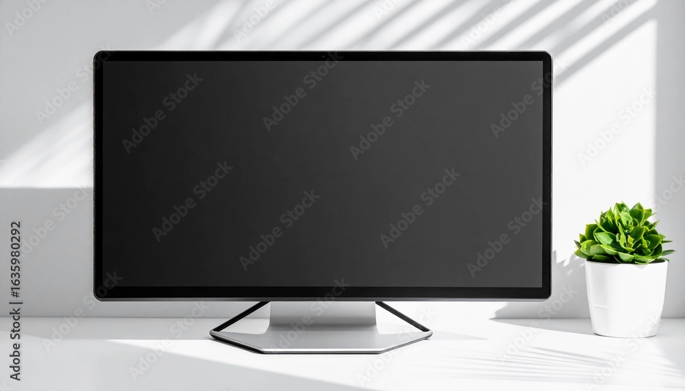 Fototapeta premium Minimalist office workspace with a blank screen desktop computer display. Clean white background with a plant and shadows creating a professional technology concept.