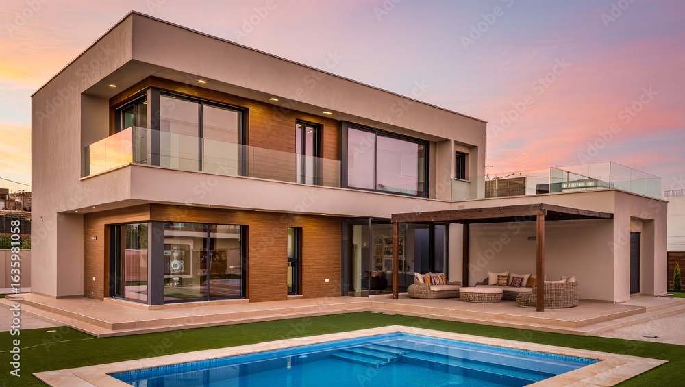 Fototapeta premium Modern Luxury Villa at Sunset: Private Pool, Spacious Patio, Contemporary Design.