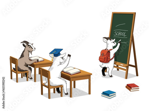 School Goats' Classroom: A delightful scene unfolds as goats attend school. One goat diligently writes on the chalkboard, while other students learn.