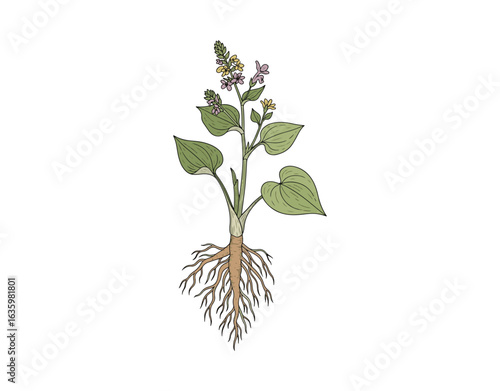 Illustration of the Snakeroot birthwort medicinal plant featuring its root, depicted in a vector format. This botanical element is hand-drawn and is officially known as Serpentaria virginiana