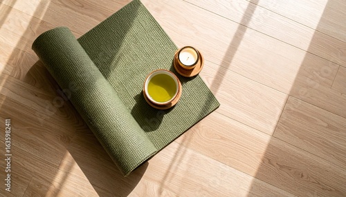 A green yoga mat with cups of matcha tea resting on a sunlit wooden floor.