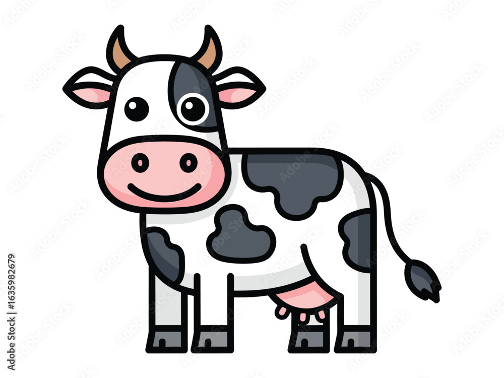 Naklejka premium Happy Dairy Cow: A cheerful cartoon illustration of a dairy cow. This delightful illustration showcases a charming bovine with a whimsical design, a touch of joy to your visual content.