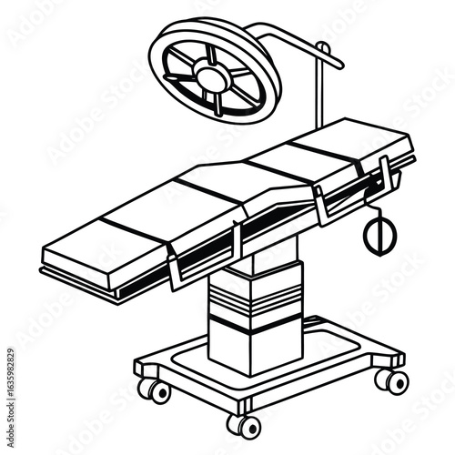 Isometric Line Art Surgical Table and Light for Medical Procedures in Hospitals and Operating Rooms Illustration