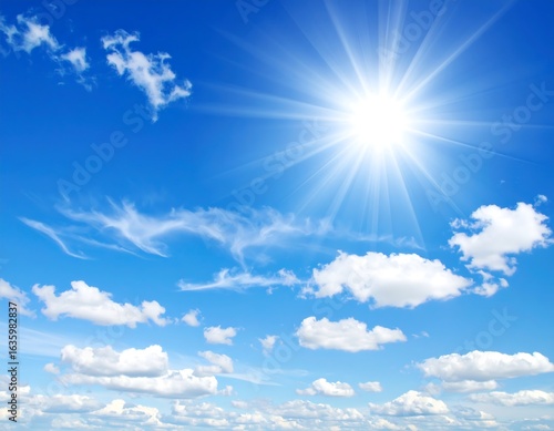 Fototapeta Naklejka Na Ścianę i Meble -  Bright sun shines on partly cloudy blue sky