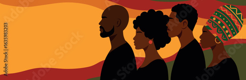 Silhouettes of black men and women on abstract background with space for text. Vector horizontal banner for Black History Month. Celebrates African American culture, heritage, pride, identity