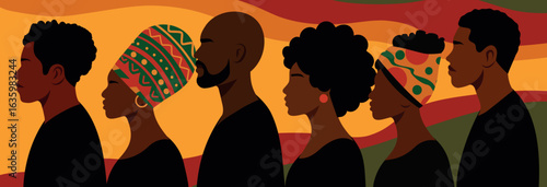 Silhouettes of African Americans, black men and women on abstract background. Vector horizontal banner for Black History Month. African American culture, heritage, pride, identity. Against racism