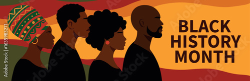  Vector horizontal banner for Black History Month. Silhouettes of African American men and women on bright abstract background. Celebration of African American culture, heritage, pride and identity