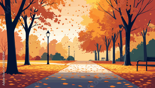 Tranquil autumn park pathway lined with colorful trees and scattered leaves for a peaceful setting