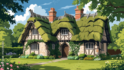 Charming thatched cottage surrounded by lush greenery and flowers in a picturesque garden setting