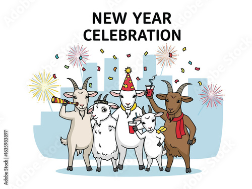 New Year Celebration with Goats: Adorable goats in a festive celebration, with fireworks and confetti. This illustration depicts the joy of a New Year's party and cheerful company. 