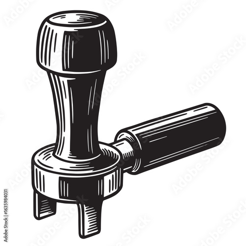 Black and white hand drawn illustration of a coffee machine portafilter isolated