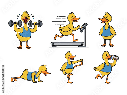 Duck's Gym Routine: A cheerful illustration portrays a cartoon duck engaged in various gym activities, showcasing the essence of health, fitness, and fun.