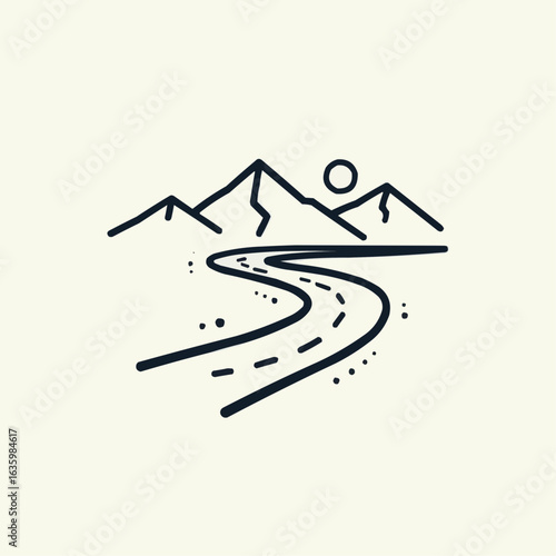 Minimalist illustration of a winding road through mountains