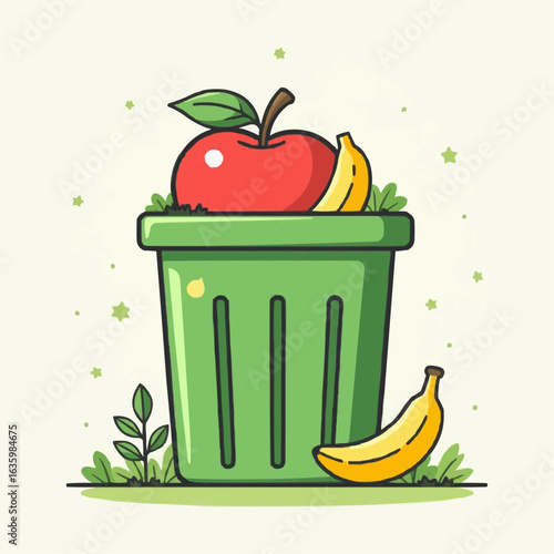 Vibrant illustration of a trash bin with an apple and banana inside