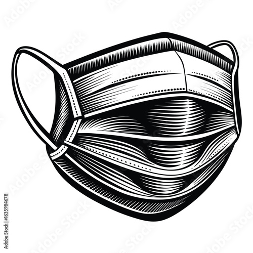 Detailed Black and White Illustration of a Protective Face Mask Emphasizing Safety and Health Awareness During Pandemic Times
