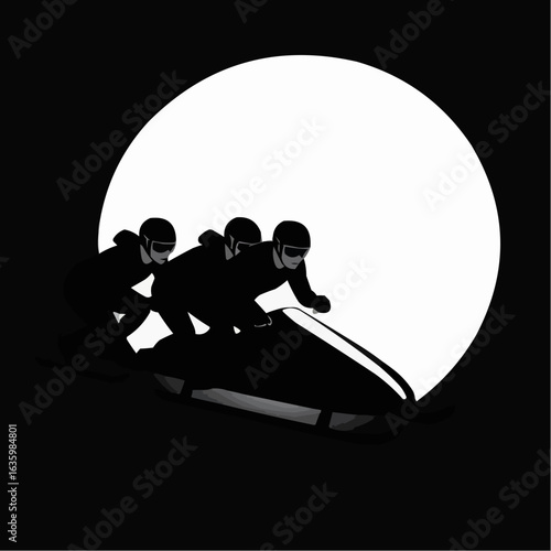 Three bobsledders racing together in silhouette against a moonlit background
