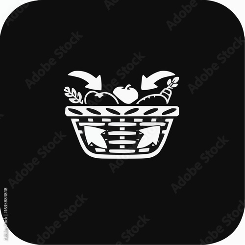 Basket of fruits and vegetables with arrows symbolizing abundance in minimalist style