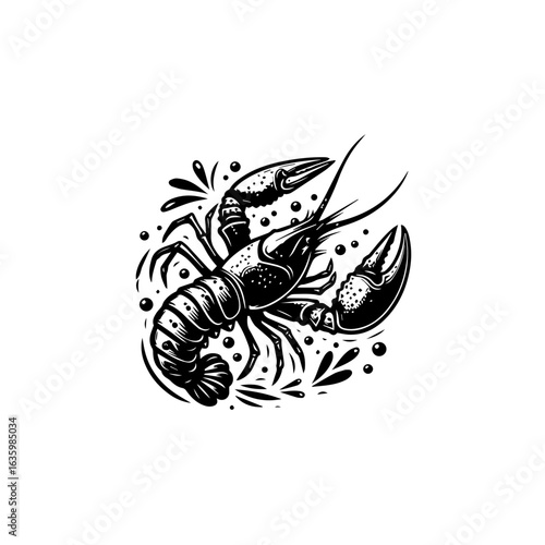 Stylized illustration of a crayfish with water splashes