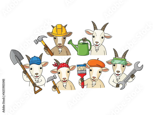 Goat Crew at Work: Adorable goat crew at work, each one is a construction worker with professional tools like shovel, hammer, axe and wrench. Capture the hardworking and positive spirit