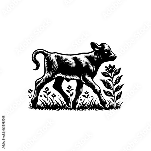 Stylized black and white illustration of a young calf in a field isolated on white background