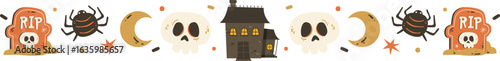 Halloween Spooky Border Pattern Design with Haunted House Moon Gravestone Candy Skull and Spider Illustration