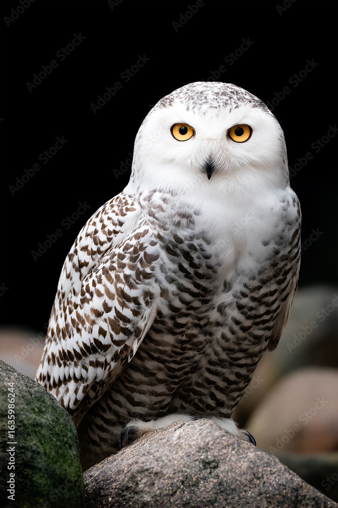 Fototapeta premium Snowy owl perched on rocky surface, showcasing striking white and brown plumage, with captivating yellow eyes, surrounded by a natural environment, embodying wildlife beauty and grace