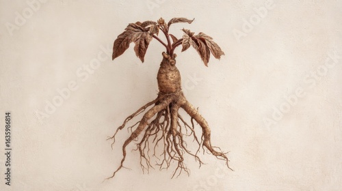 Mandrake root with forked form displayed on pale ivory background