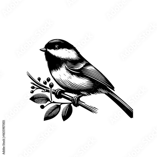 Black and white illustration of a chickadee bird on a branch isolated on white background