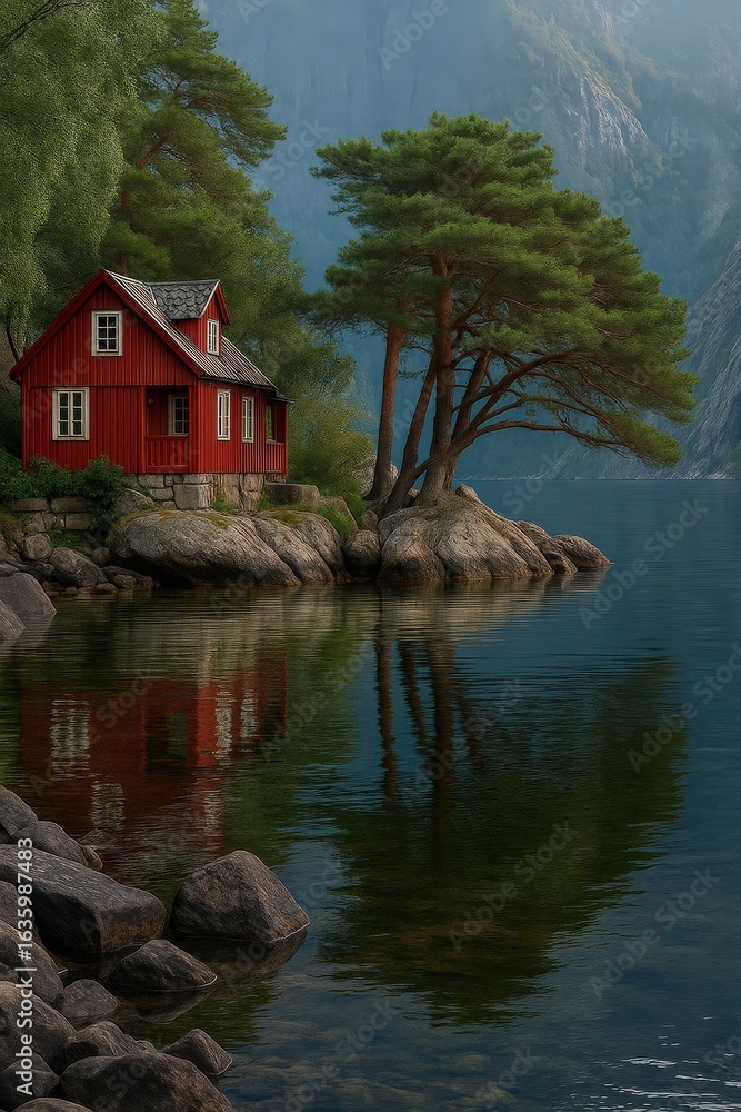 Obraz premium Serene lakeside cabin surrounded by mountains and trees at dawn