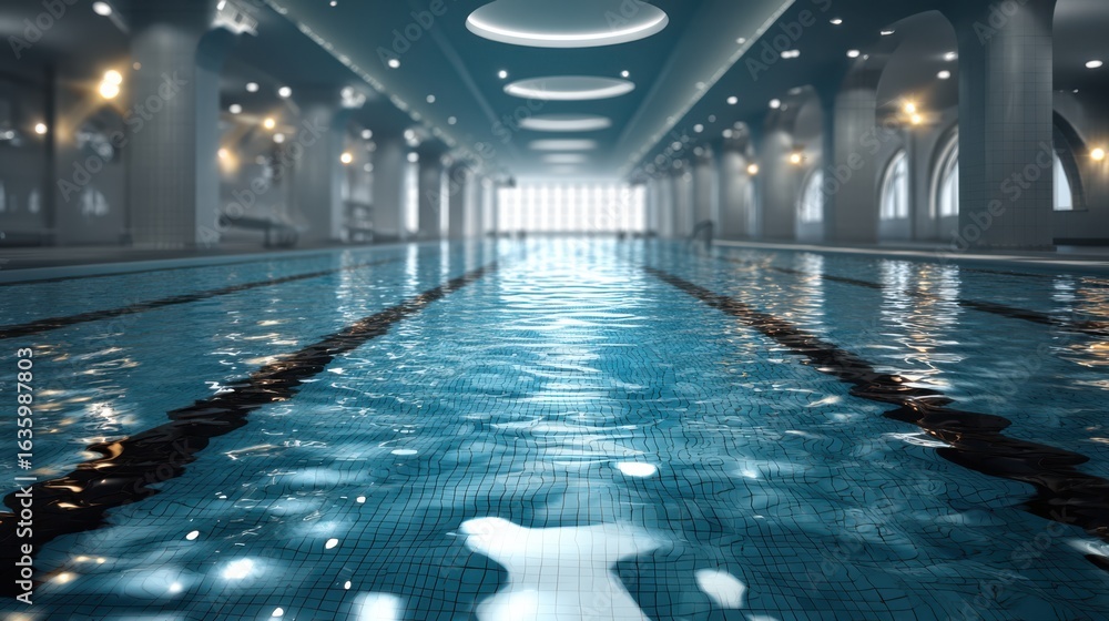 Obraz premium A serene indoor swimming pool with shimmering water and modern architecture, highlighted by ambient lighting and spacious design.
