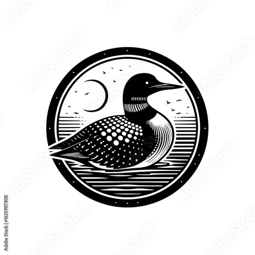 Loon bird swimming in water, isolated on white background